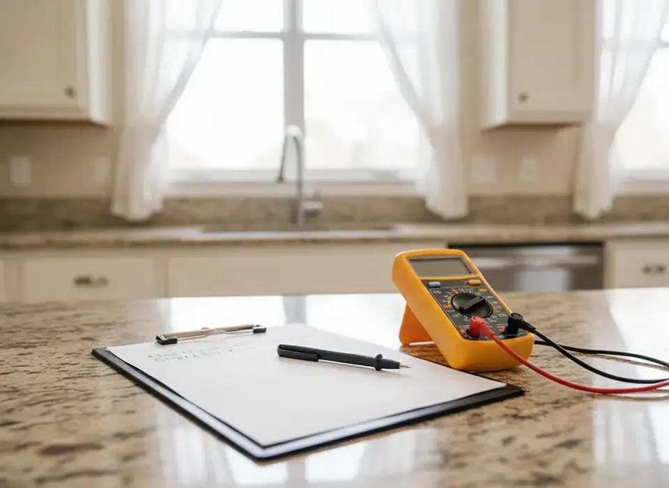 Clipboard, multimeter and pen on a counter