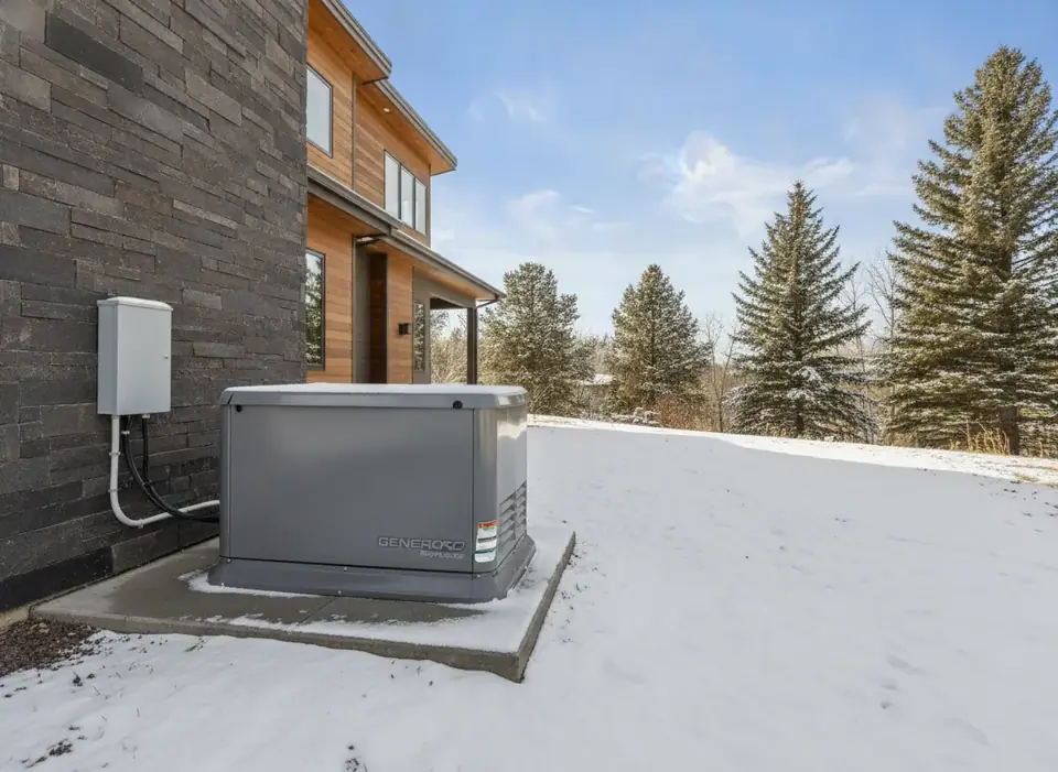 Standby generator on a pad beside a house