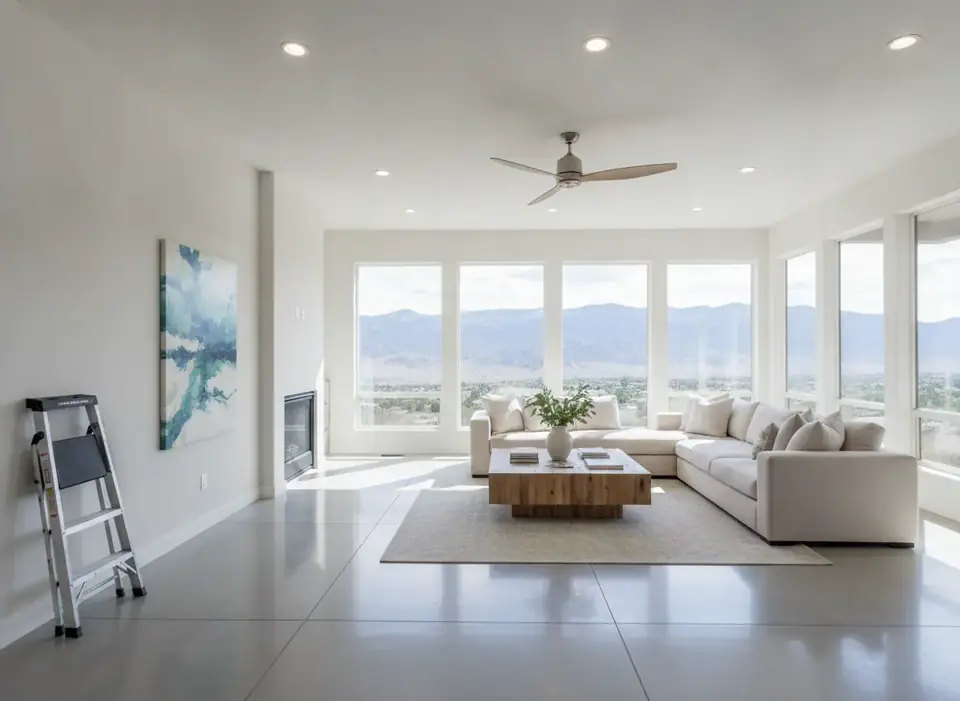 Living room with new recessed lights and a ceiling fan