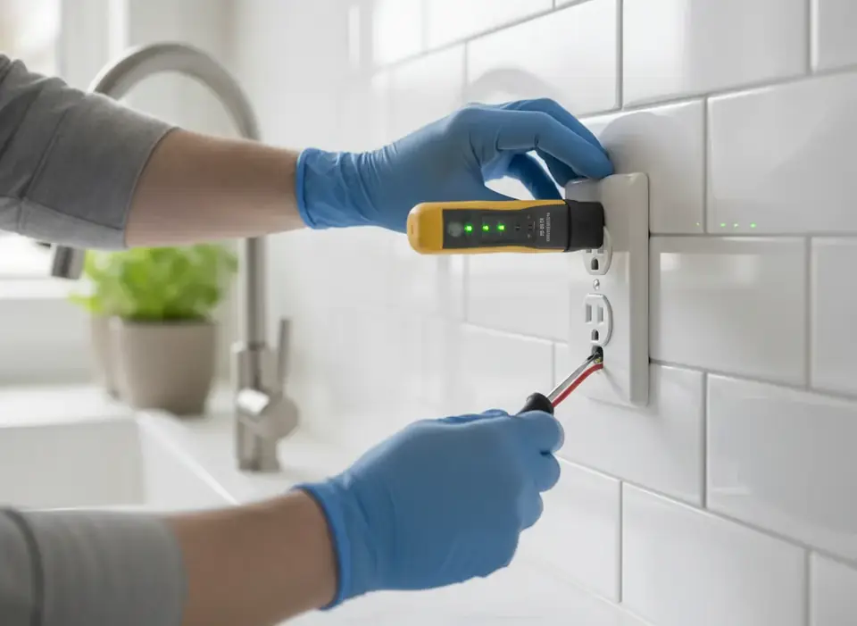 GFCI outlet being installed on a kitchen backsplash