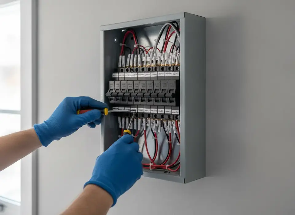 New residential breaker panel with neatly labeled breakers