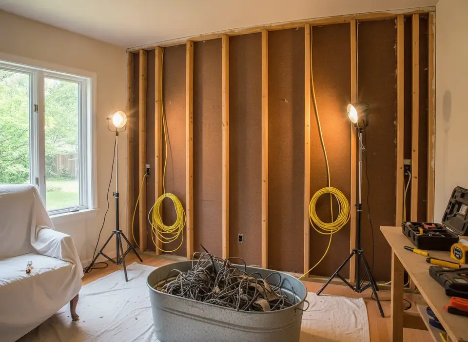 Opened wall in an older home with new cable runs during rewiring